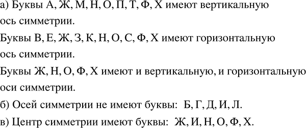 Изображение 3.148. а) Какие из букв на рисунке 89 имеют вертикальную ось симметрии, какие имеют горизонтальную ось симметрии, какие имеют и вертикальную, и горизонтальную оси...