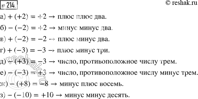 Изображение 214. Запись - (-2) читают так: «число, противоположное минус двум» или «минус минус 2». Прочитайте запись числа и упростите её по образцу:а) +(+2)=+2;   б) -(-2)=+2;  ...