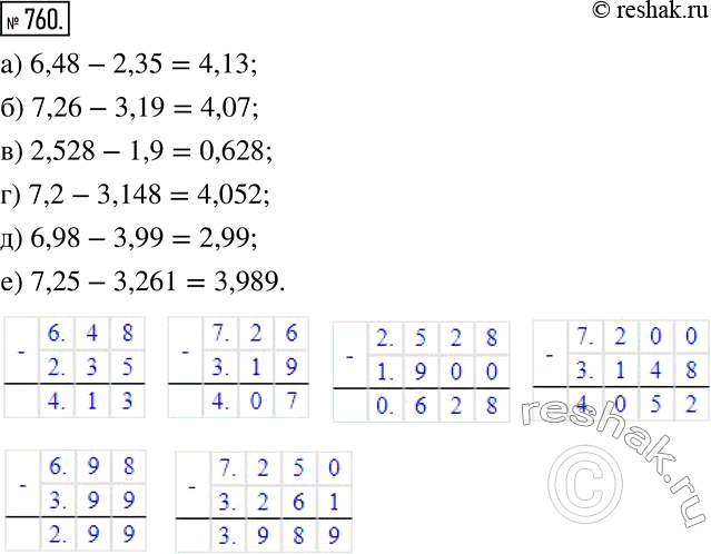 Изображение 760. Вычислите:а) 6,48-2,35; б) 7,26-3,19; в) 2,528-1,9; г) 7,2-3,148; д) 6,98-3,99; е) 7,25-3,261. ...