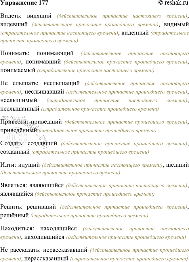 Изображение 177. Образуйте все возможные причастия. Организуйте взаимопроверку работ и поработайте над ошибками.Видеть, понимать, не слышать, привести, создать, идти, являться,...